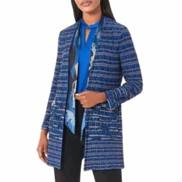 Misook Knit Jacket Women's Medium Blue Chain Trimed Pocket Tweed Stretch Acrylic - Picture 1 of 11